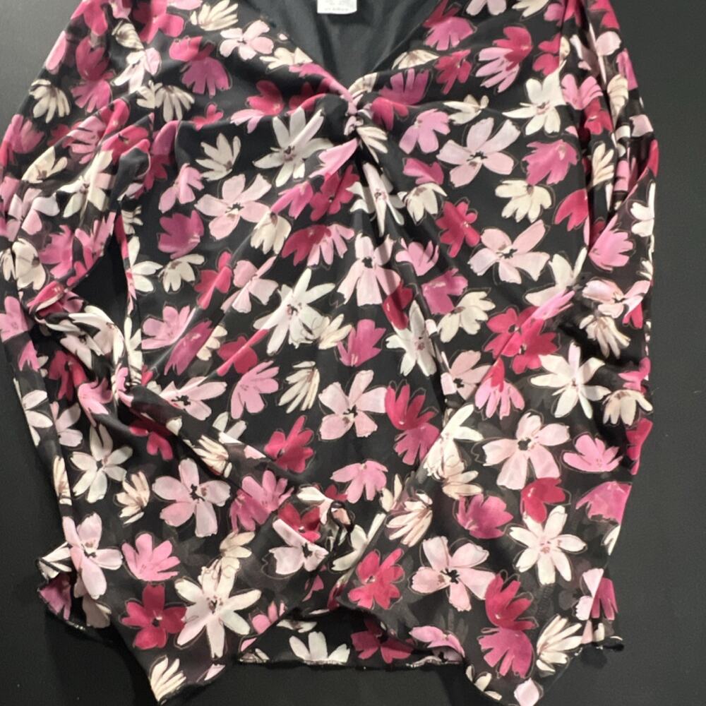 True Vtg Y2K Wrapper Sz. XL Floral Mesh Top Whimsigoth Ruched Fitted Lettuce Hem